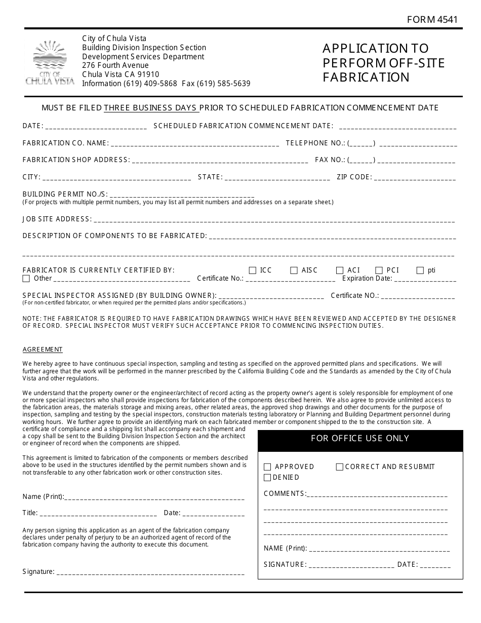 Form 4541 Application to Perform off-Site Fabrication - City of Chula Vista, California, Page 1
