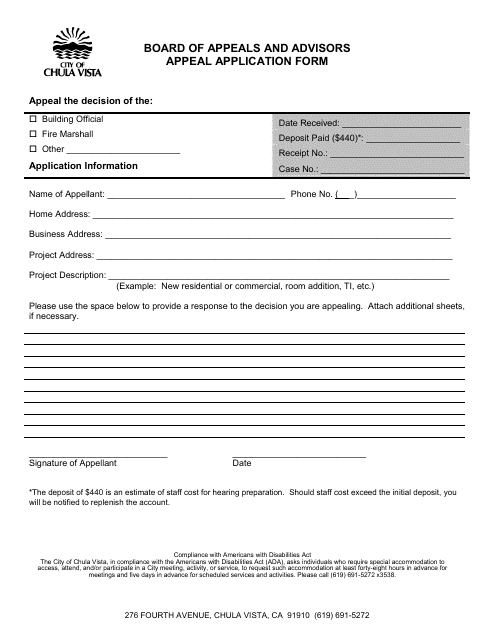 Appeal Application Form - City of Chula Vista, California