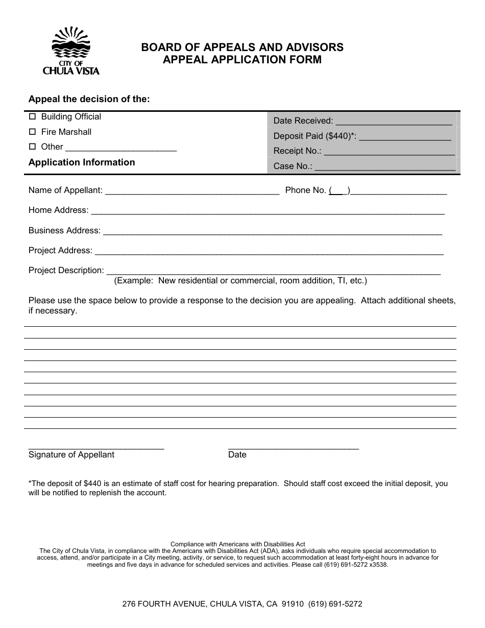 Appeal Application Form - City of Chula Vista, California, Page 1