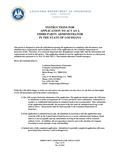 Application to Act as a Third Party Administrator in the State of Louisiana - Louisiana Download Pdf