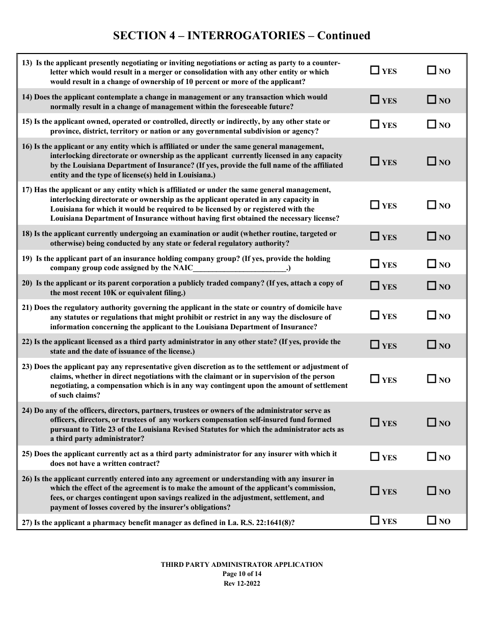 Application to Act as a Third Party Administrator in the State of Louisiana - Louisiana, Page 10