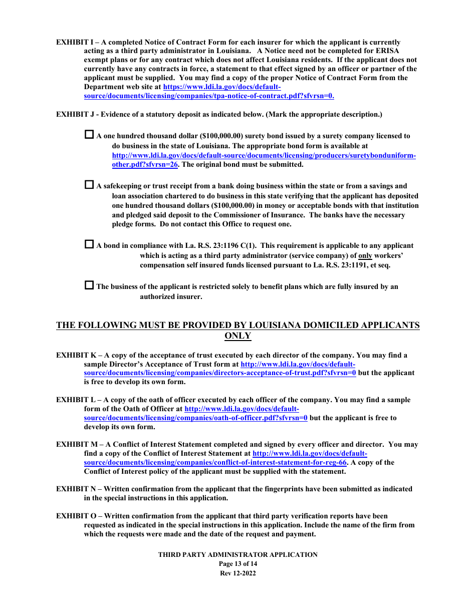 Application to Act as a Third Party Administrator in the State of Louisiana - Louisiana, Page 13