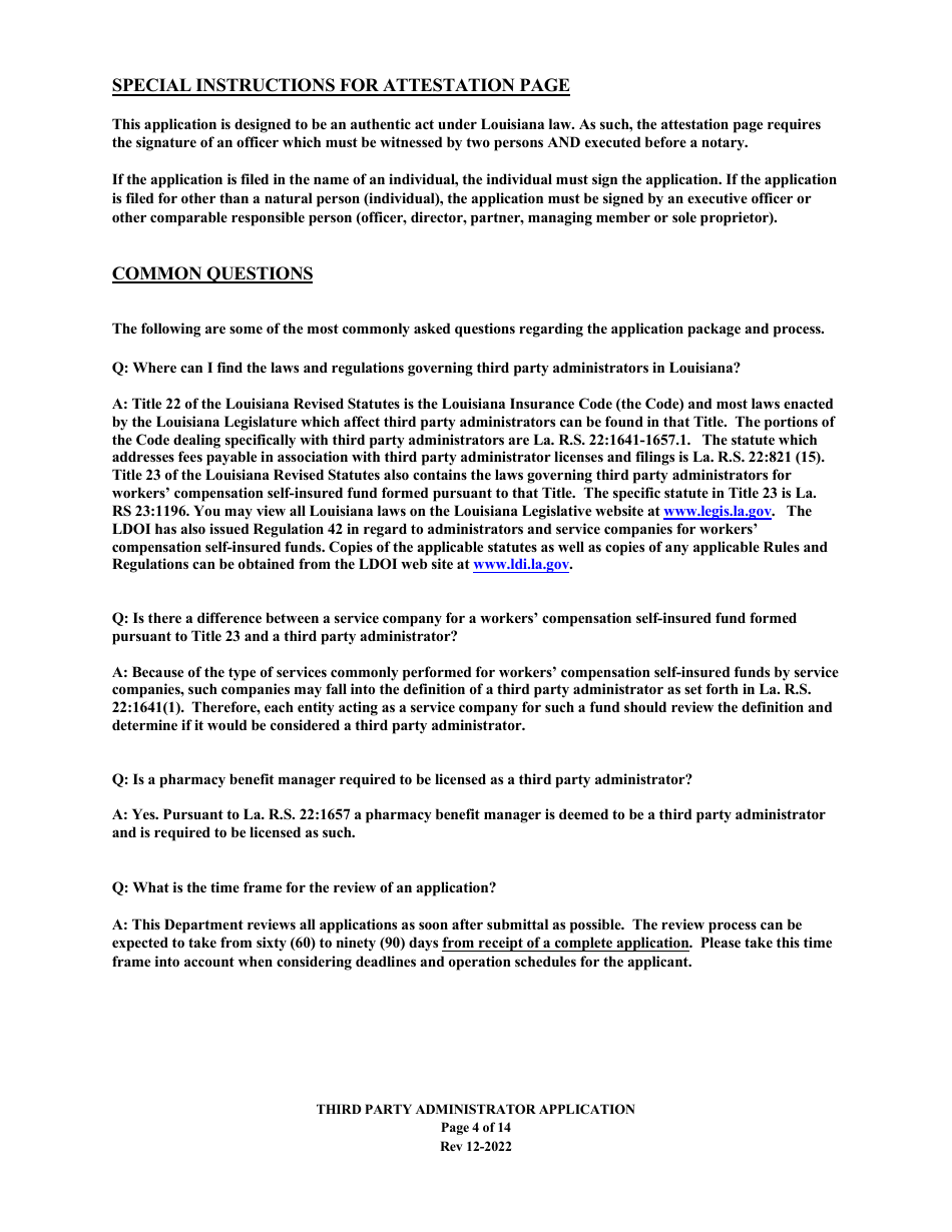 Application to Act as a Third Party Administrator in the State of Louisiana - Louisiana, Page 4