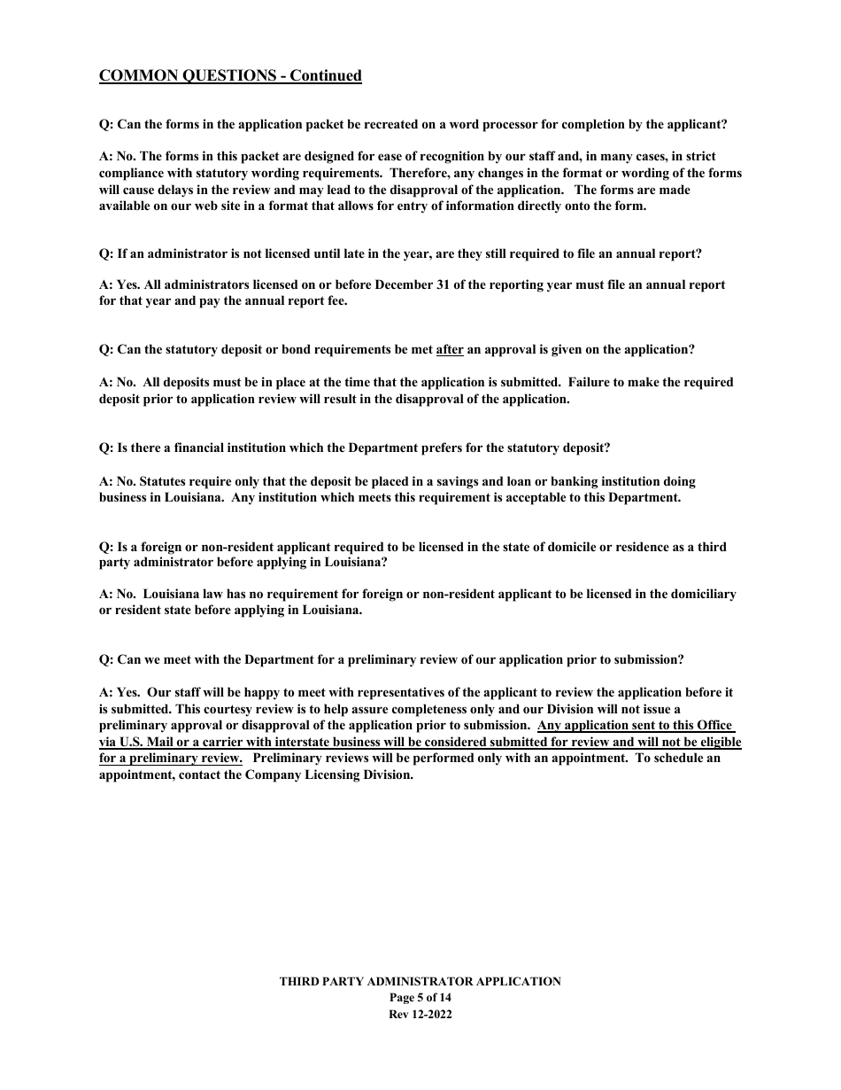 Application to Act as a Third Party Administrator in the State of Louisiana - Louisiana, Page 5