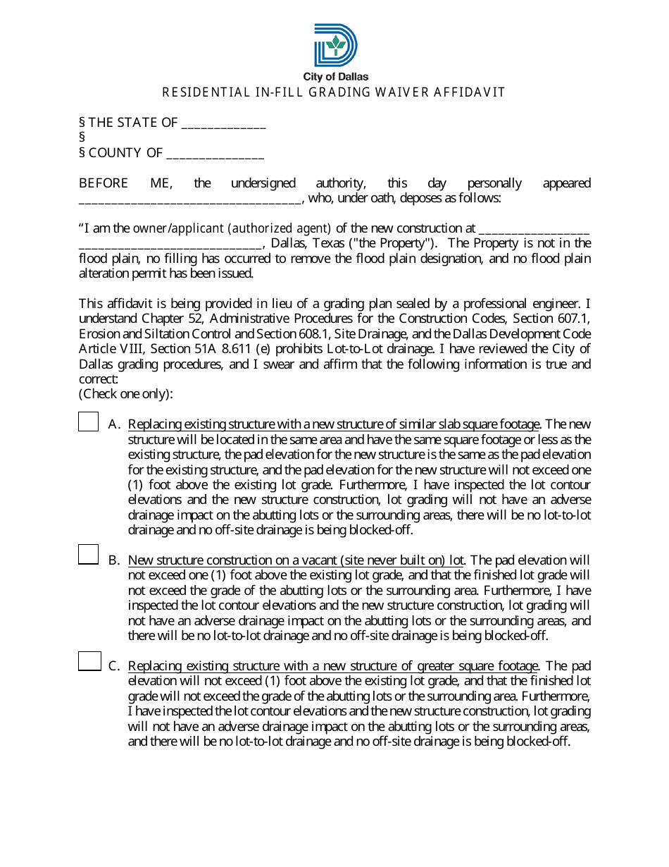 Residential in-Fill Grading Waiver Affidavit - City of Dallas, Texas, Page 1