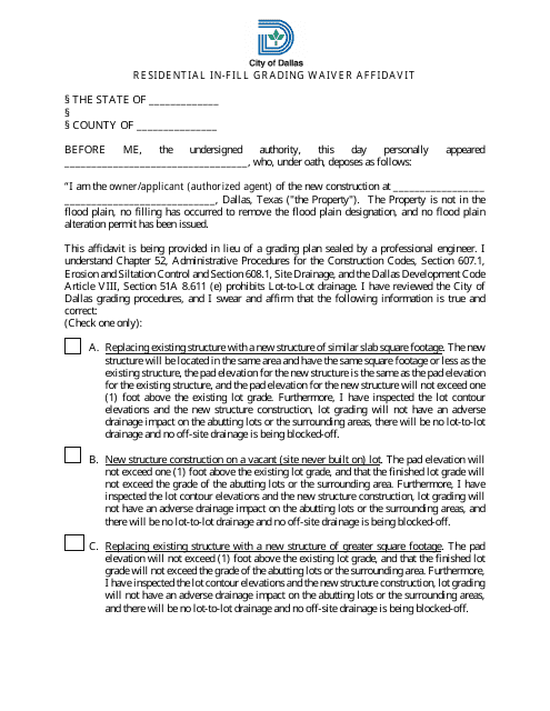 Residential in-Fill Grading Waiver Affidavit - City of Dallas, Texas Download Pdf