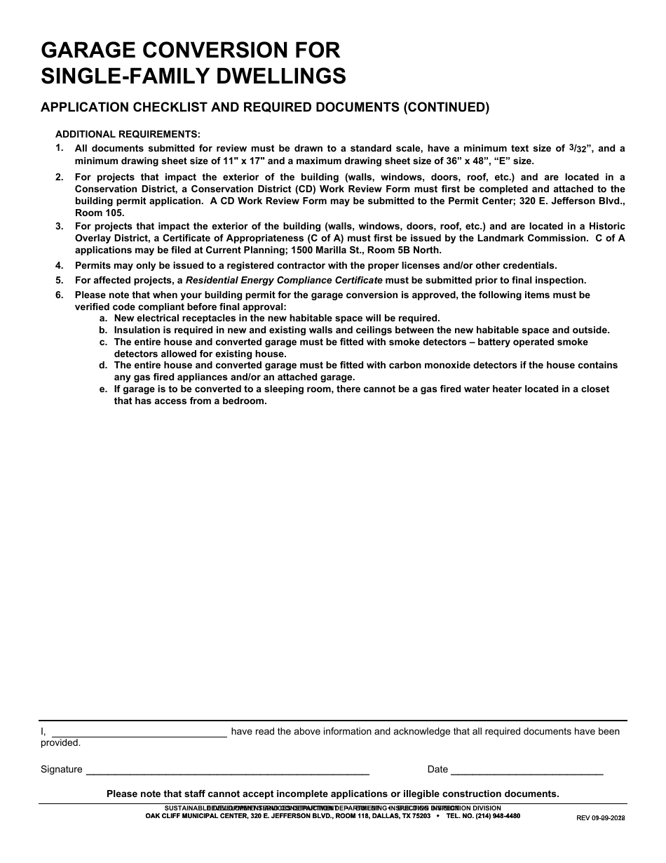 Garage Conversion for Single-Family Dwellings Application Checklist - City of Dallas, Texas, Page 2