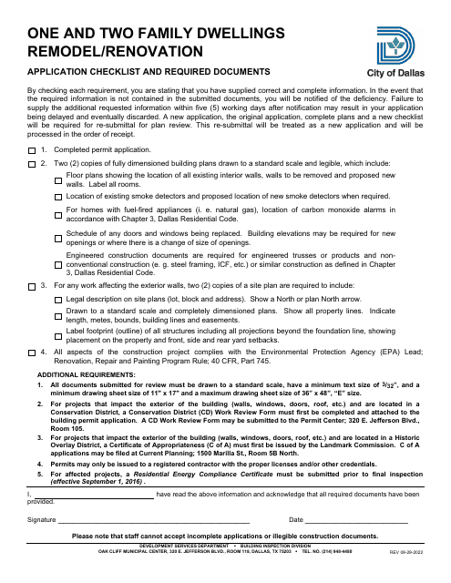 One and Two Family Dwellings Remodel / Renovation Application Checklist - City of Dallas, Texas Download Pdf