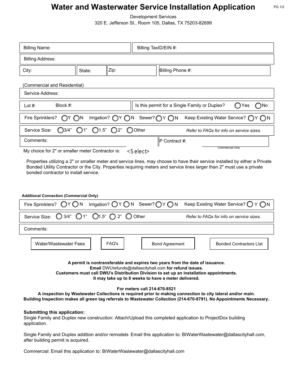 Water and Wasterwater Service Installation Application - City of Dallas, Texas, Page 1