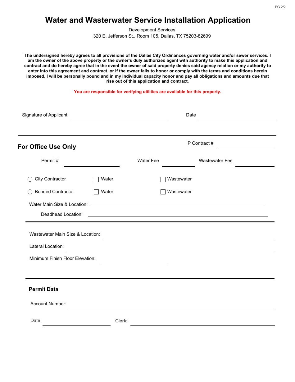 Water and Wasterwater Service Installation Application - City of Dallas, Texas, Page 2