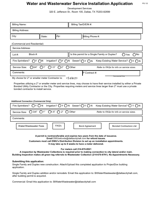 Water and Wasterwater Service Installation Application - City of Dallas, Texas Download Pdf