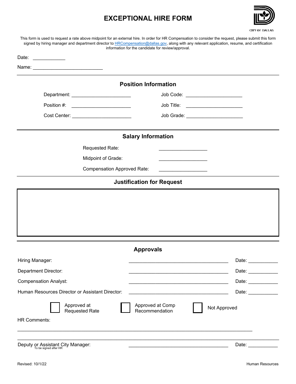 Exceptional Hire Form - City of Dallas, Texas, Page 1