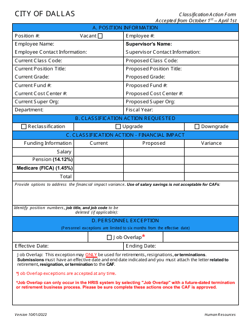 Classification Action Form - City of Dallas, Texas
