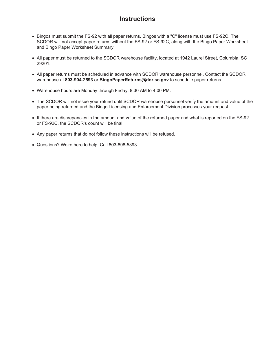 Form FS-92 Bingo Card Refund Request - South Carolina, Page 4