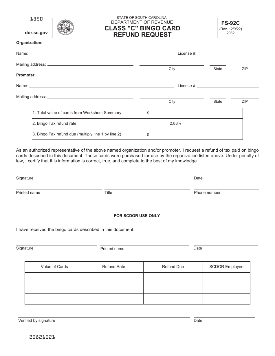 Form FS-92C Class C Bingo Card Refund Request - South Carolina, Page 1