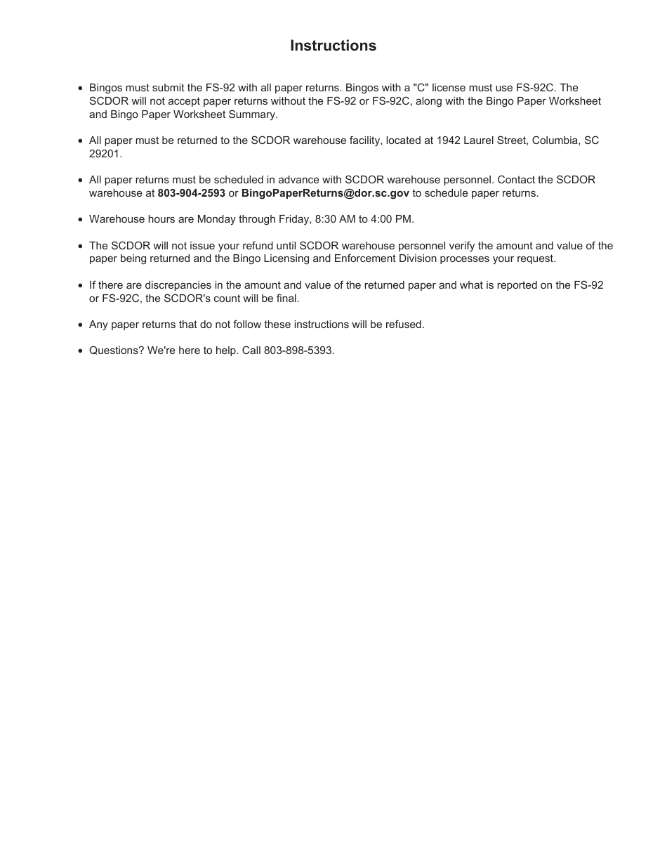 Form FS-92C Class C Bingo Card Refund Request - South Carolina, Page 4