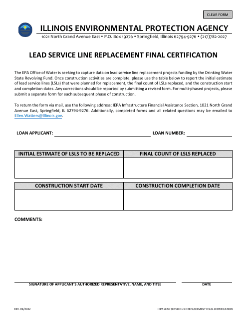 Lead Service Line Replacement Final Certification - Illinois Download Pdf