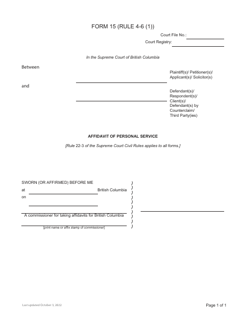 Form 15 Affidavit of Personal Service - British Columbia, Canada