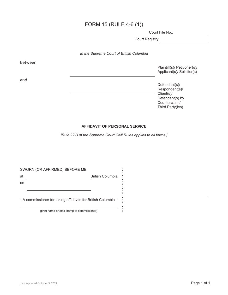 Form 15 Affidavit of Personal Service - British Columbia, Canada, Page 1