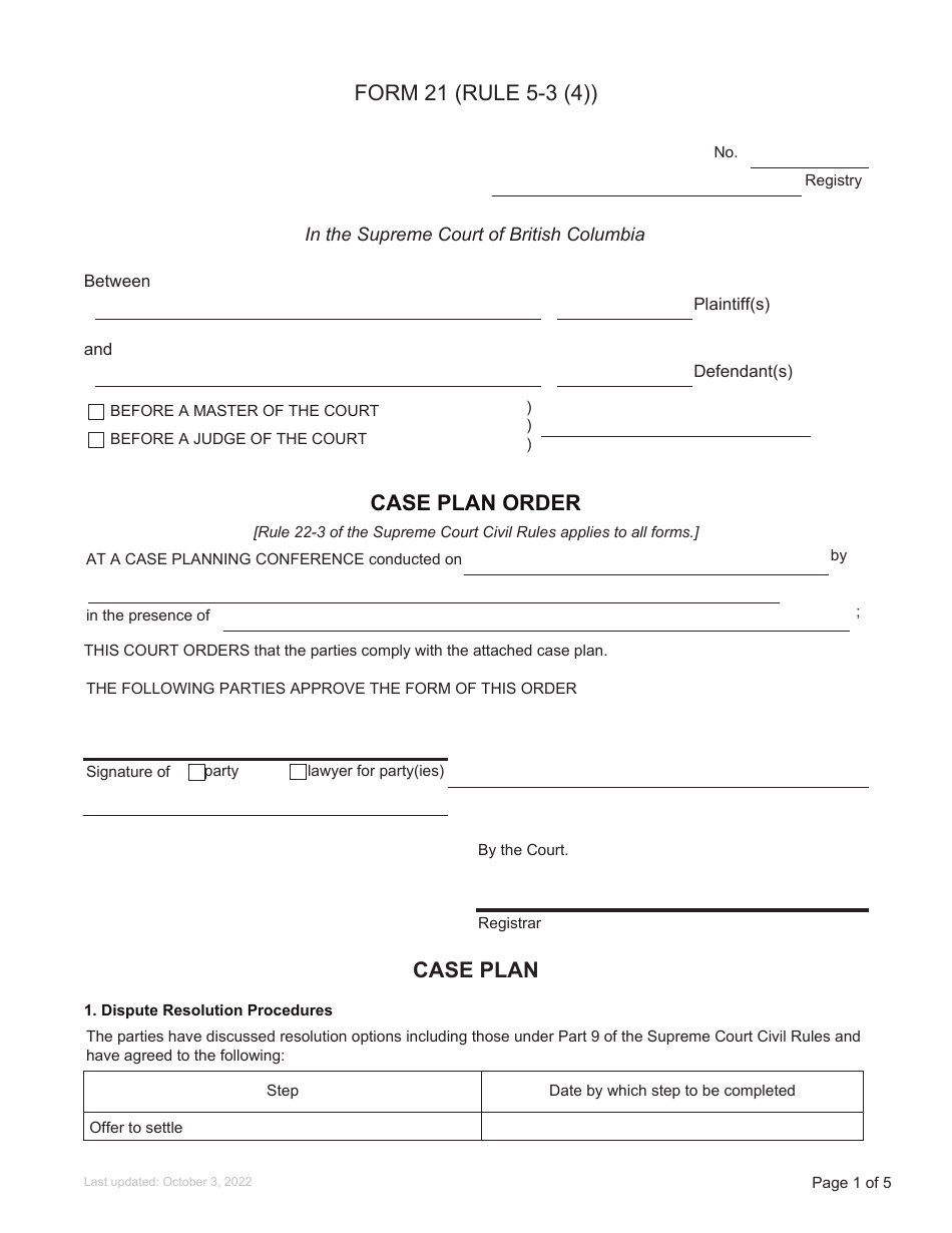 Form 21 Case Plan Order - British Columbia, Canada, Page 1