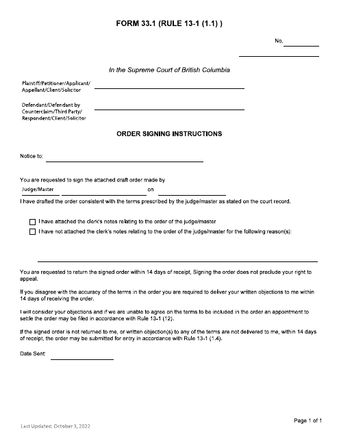 Form 33.1 Order Signing Instructions - British Columbia, Canada