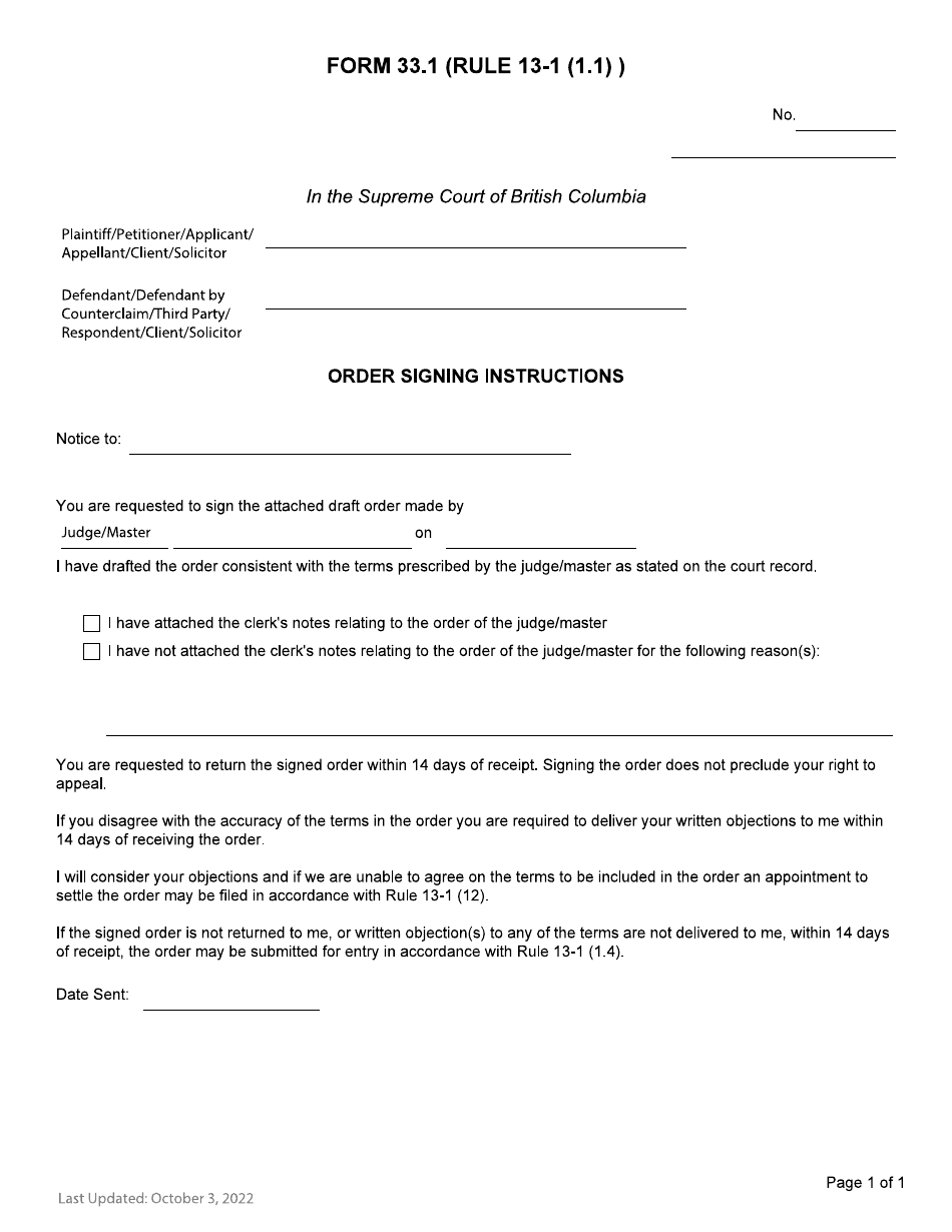 Form 33.1 Order Signing Instructions - British Columbia, Canada, Page 1