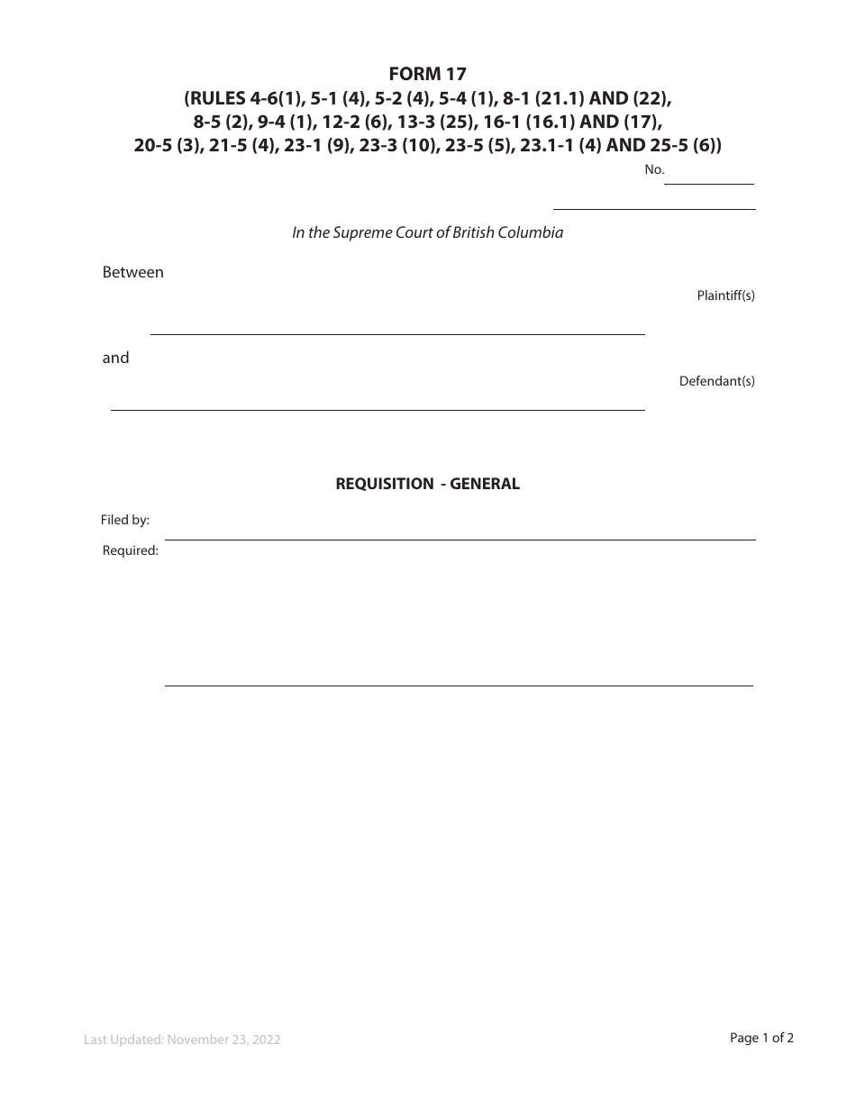 Form 17 Requisition - General - British Columbia, Canada, Page 1