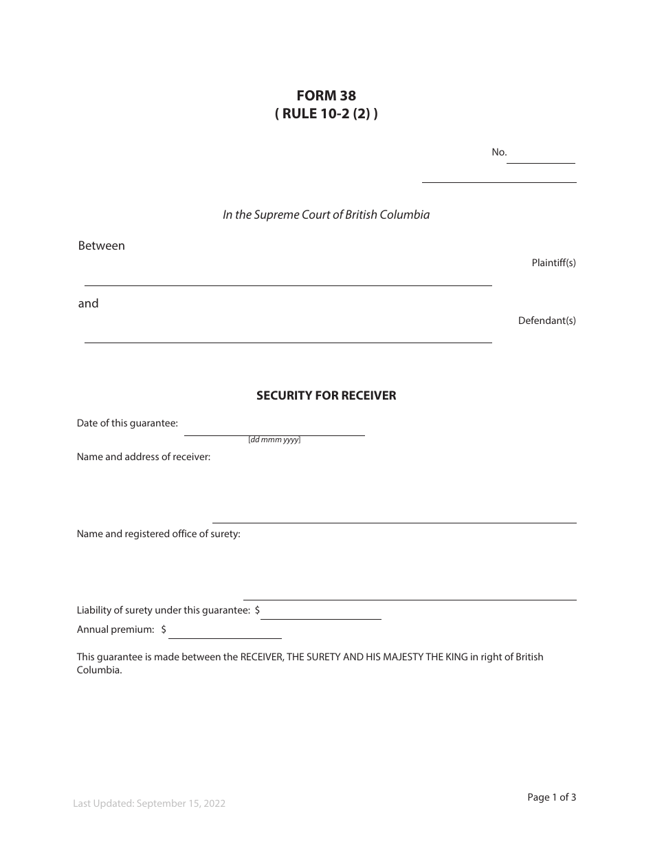 Form 38 Security for Receiver - British Columbia, Canada, Page 1