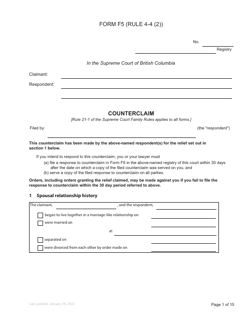 Form F5 Counterclaim - British Columbia, Canada
