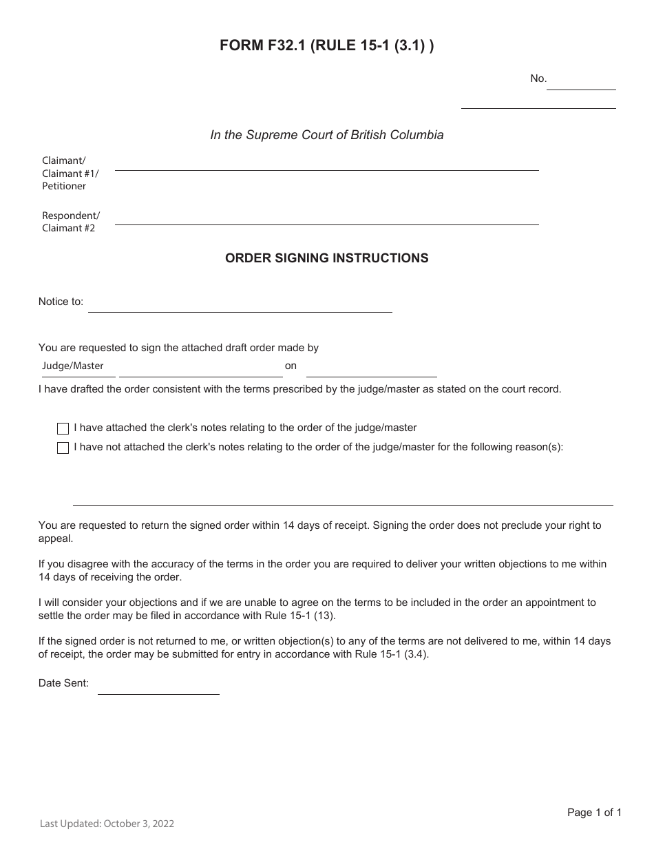 Form F32.1 Order Signing Instructions - British Columbia, Canada, Page 1