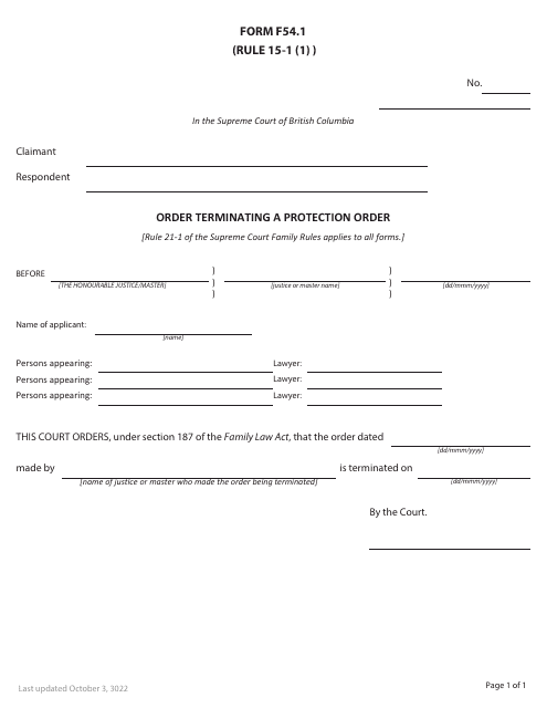 Form F54.1 Order Terminating a Protection Order - British Columbia, Canada