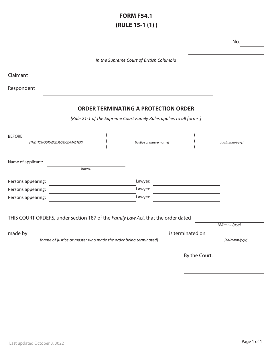 Form F54.1 Order Terminating a Protection Order - British Columbia, Canada, Page 1