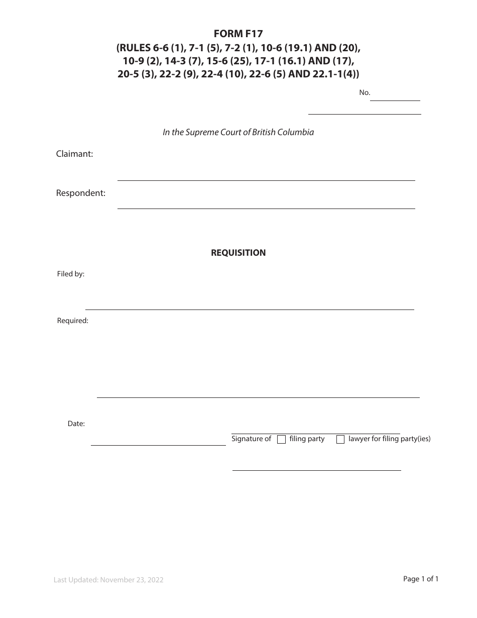 Form F17 Requisition - British Columbia, Canada, Page 1