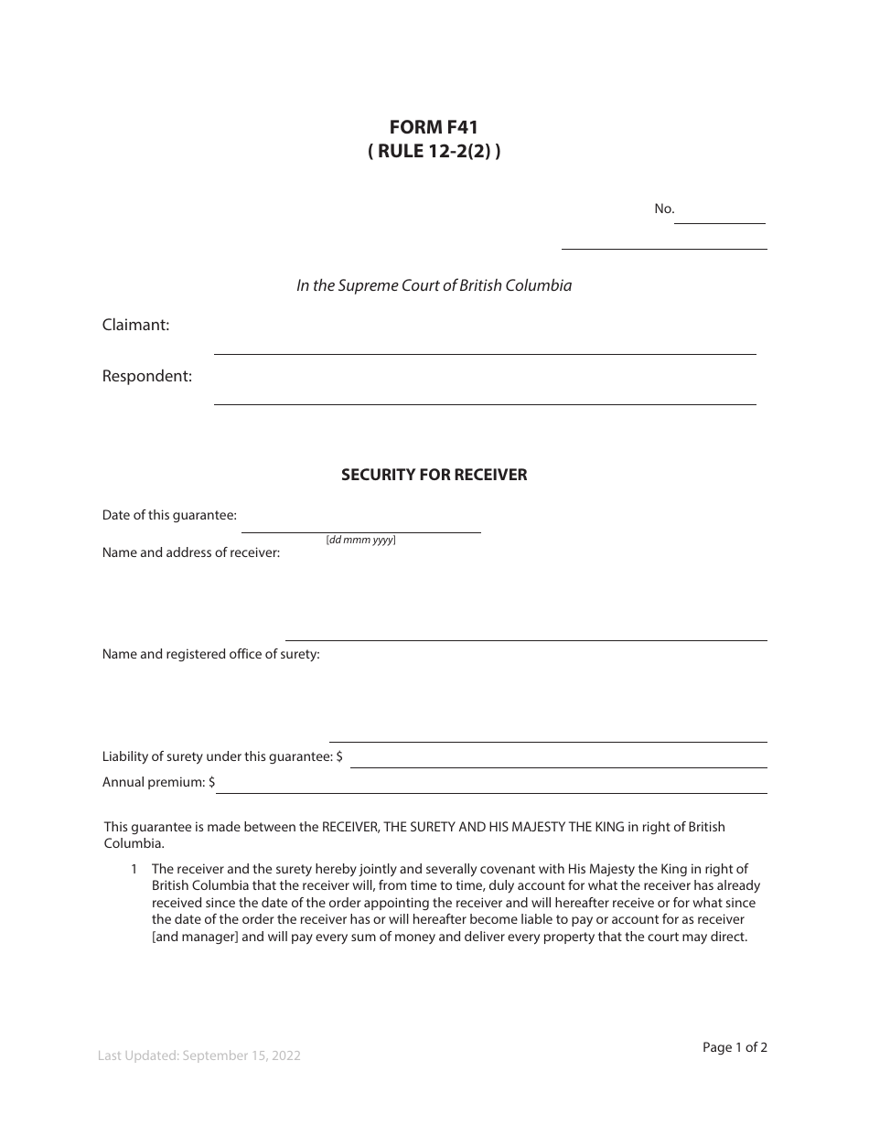 Form F41 Security for Receiver - British Columbia, Canada, Page 1