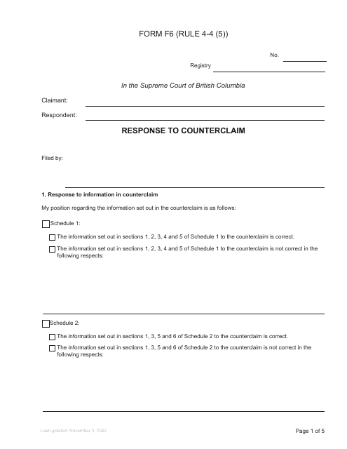 Form F6 Response to Counterclaim - British Columbia, Canada