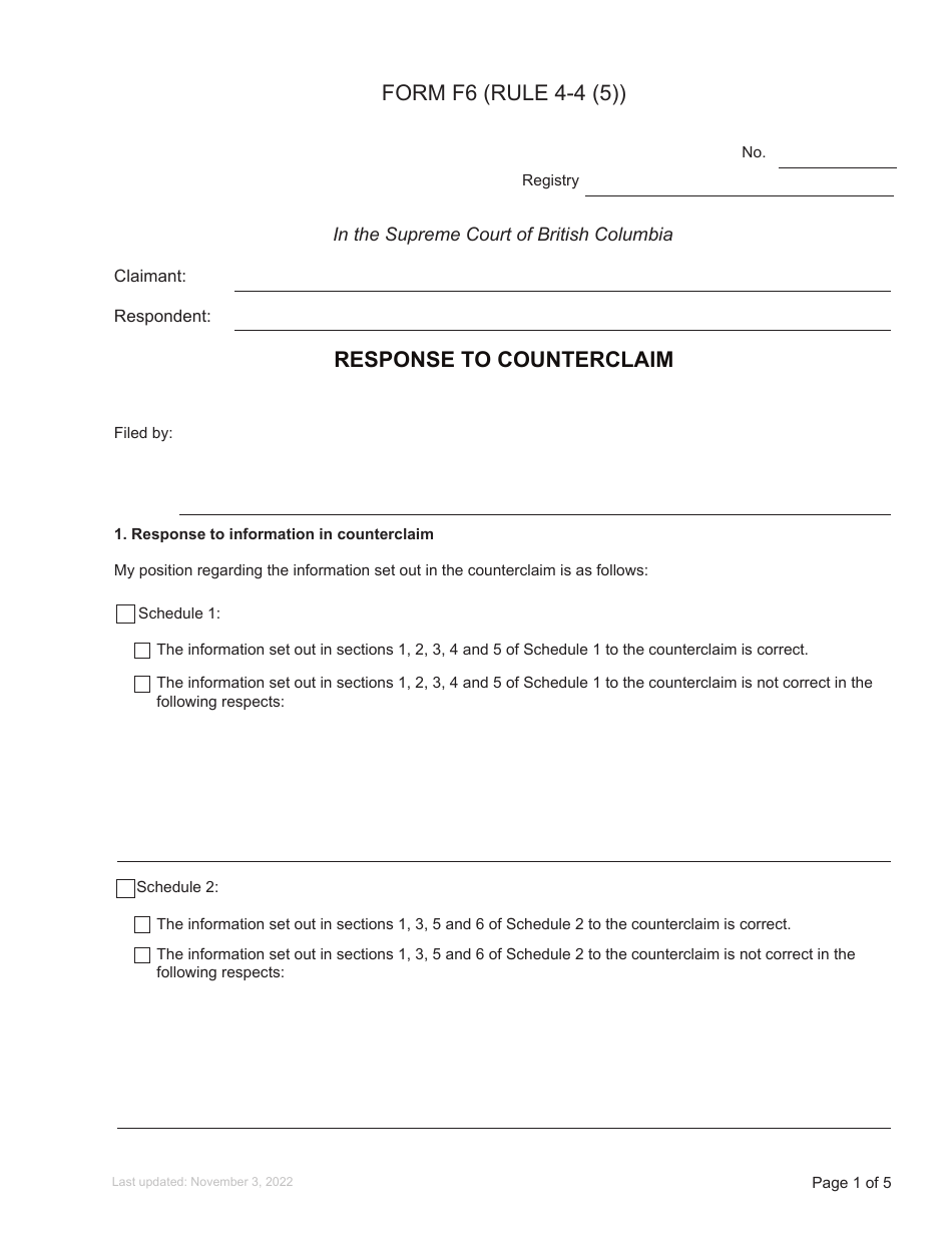 Form F6 Response to Counterclaim - British Columbia, Canada, Page 1