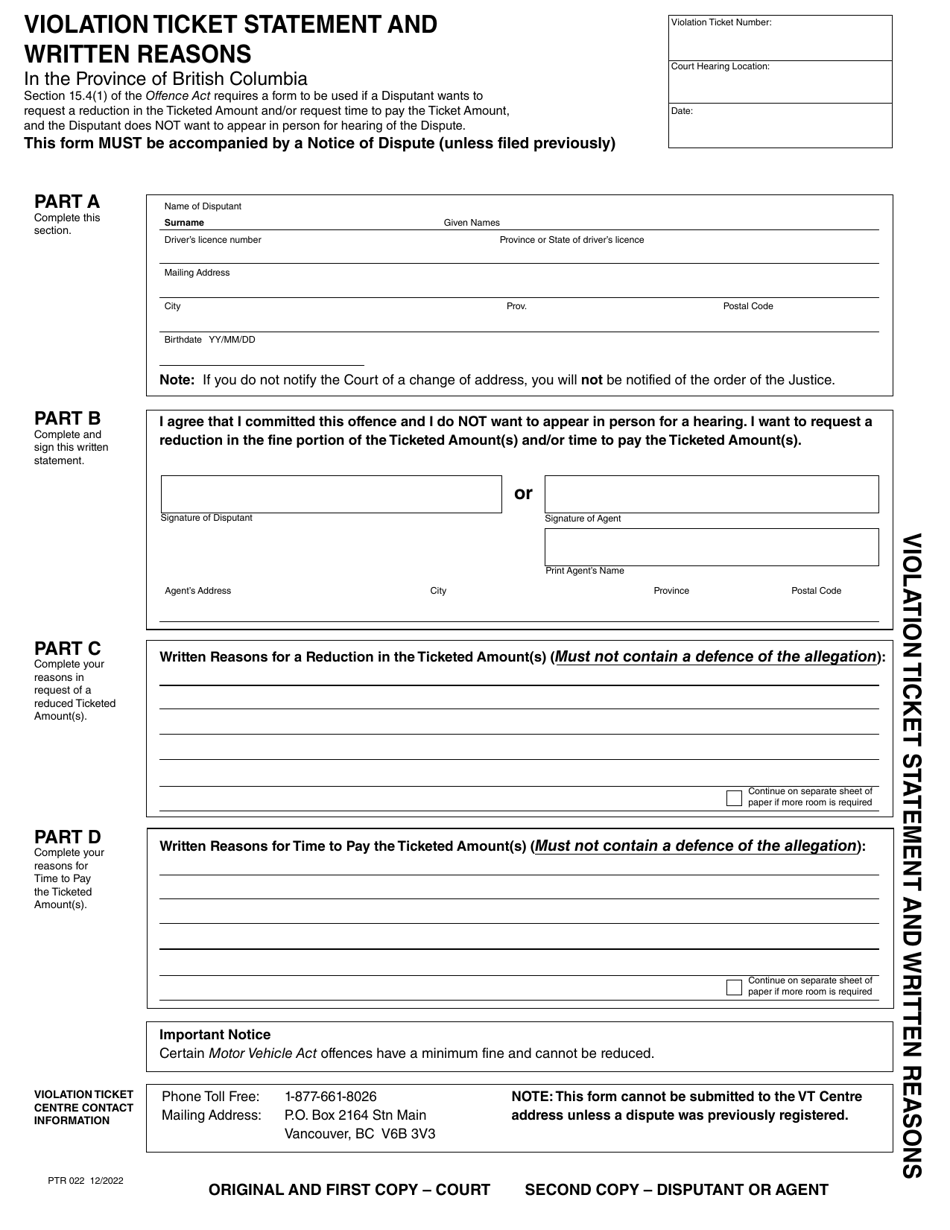 Form PTR022 Violation Ticket Statement and Written Reasons - British Columbia, Canada (English / French), Page 1