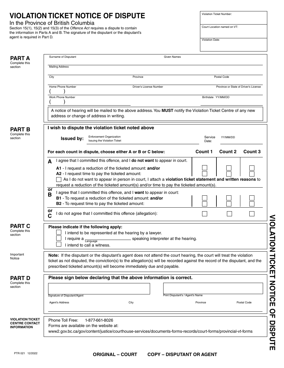 Form PTR021 Violation Ticket Notice of Dispute - British Columbia, Canada (English / French), Page 1
