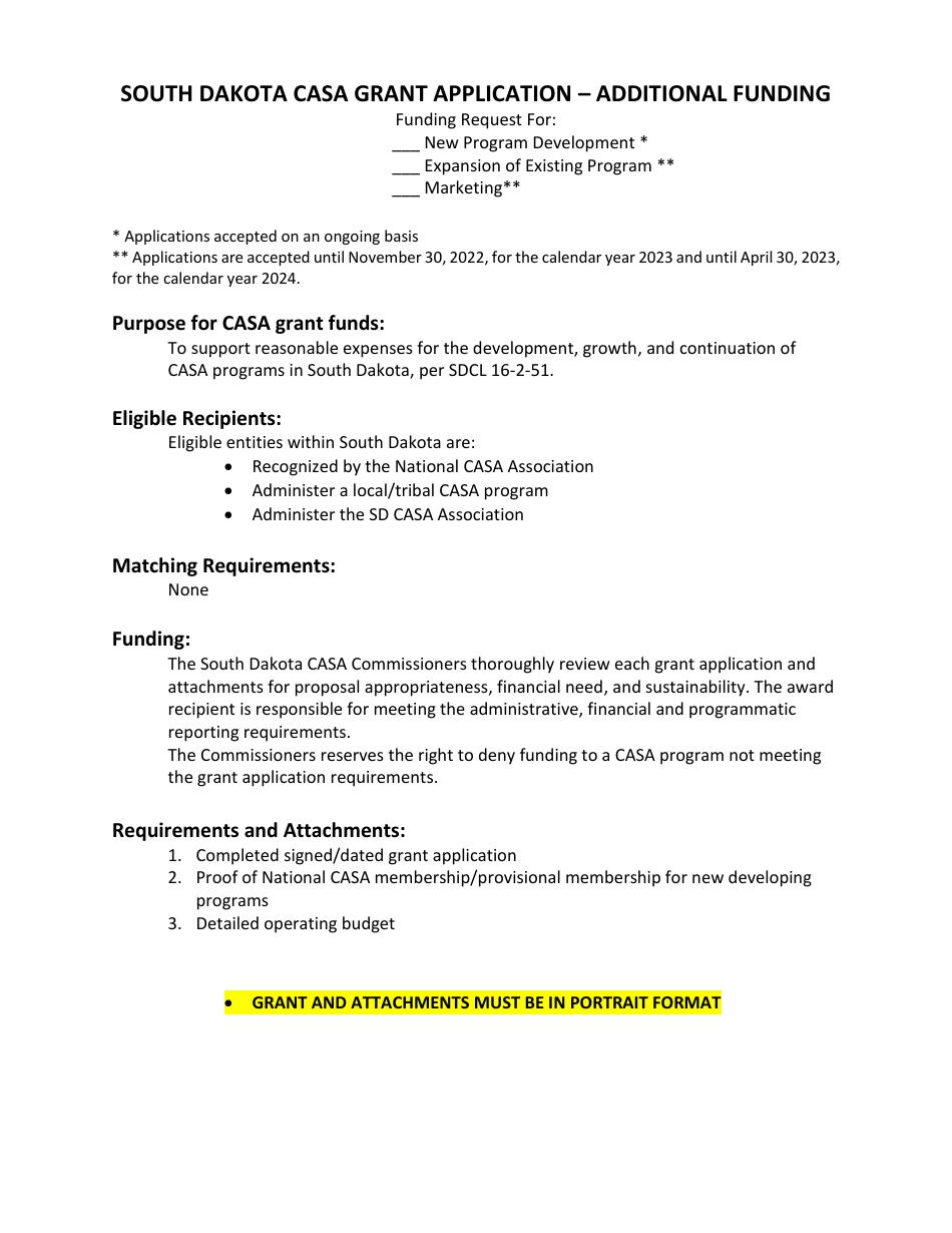 Casa Grant Application - Additional Funding - South Dakota, Page 1