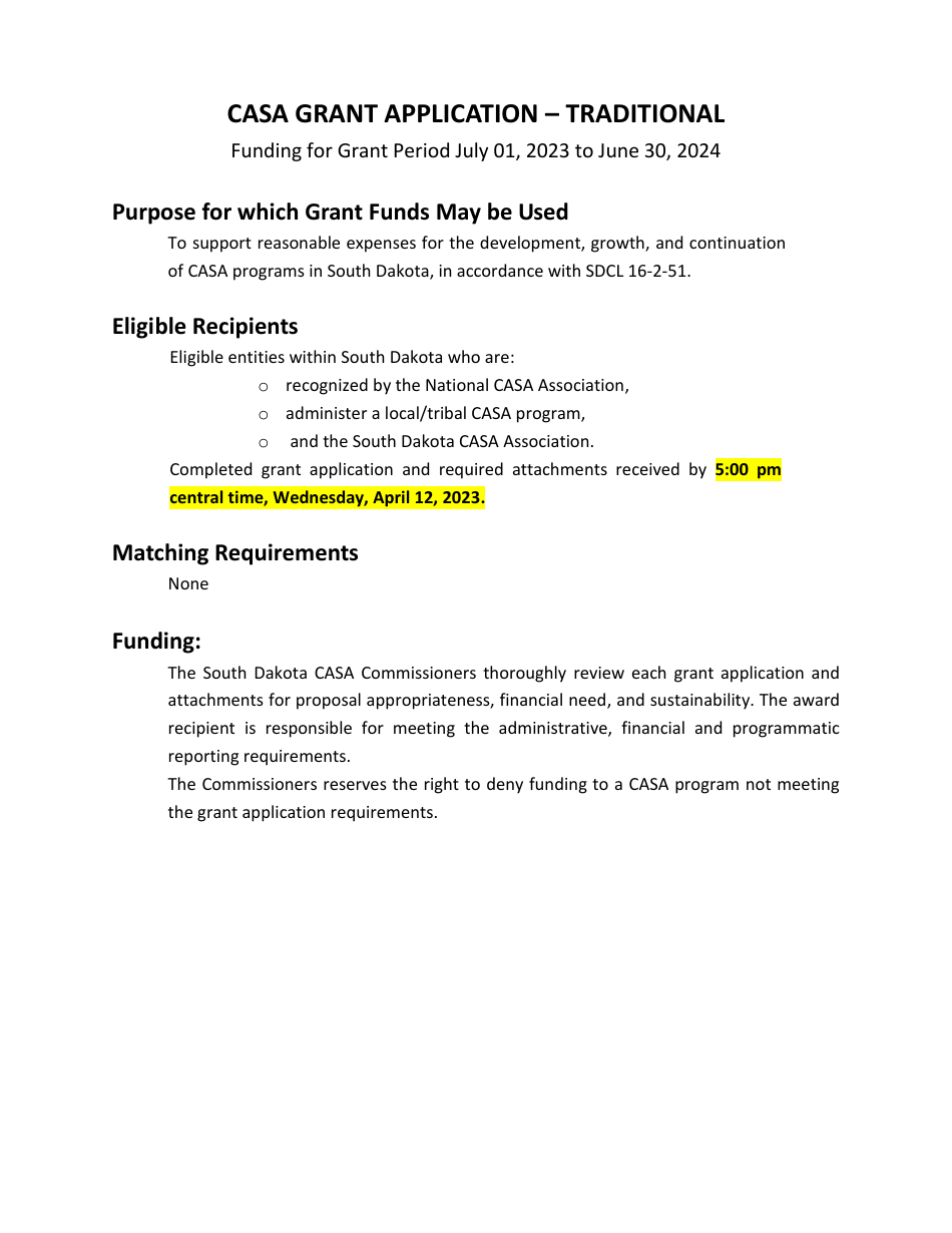 Casa Grant Application Form - South Dakota, Page 1