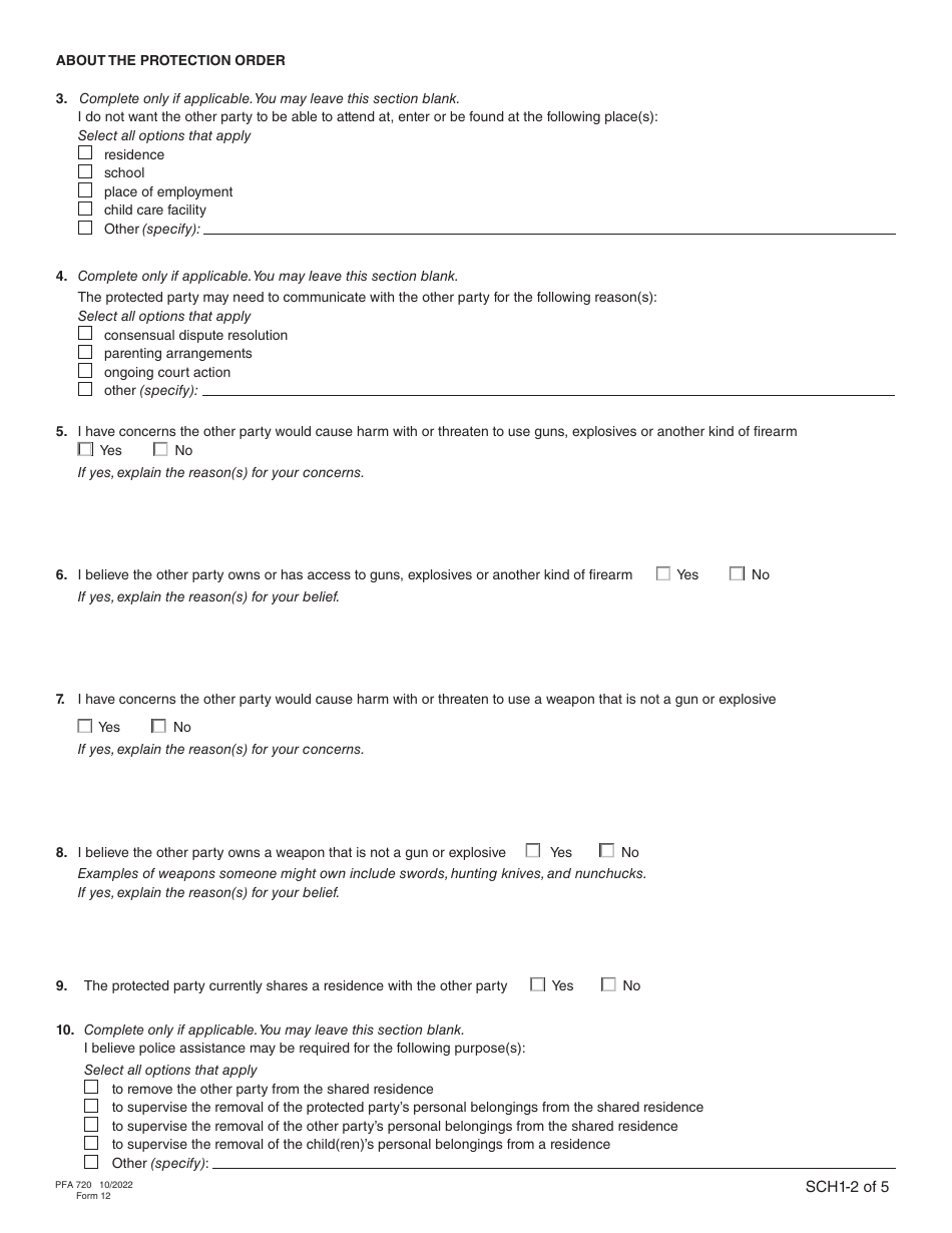 Form 12 (PFA720) Application About a Protection Order - British Columbia, Canada, Page 10