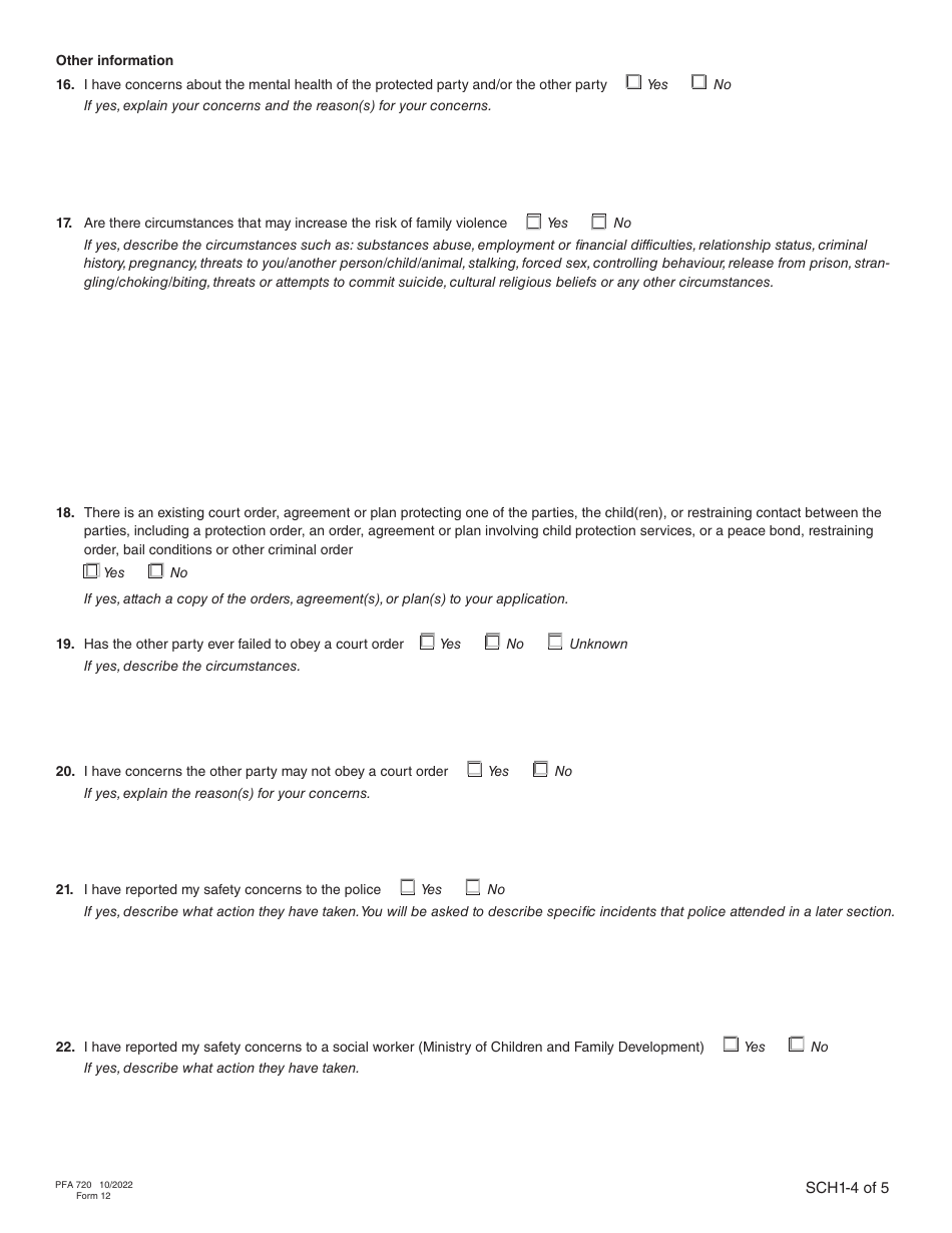 Form 12 (PFA720) Application About a Protection Order - British Columbia, Canada, Page 14