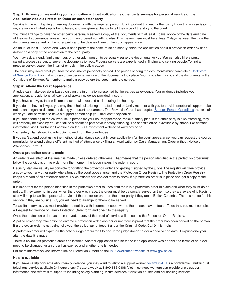 Form 12 (PFA720) Application About a Protection Order - British Columbia, Canada, Page 4