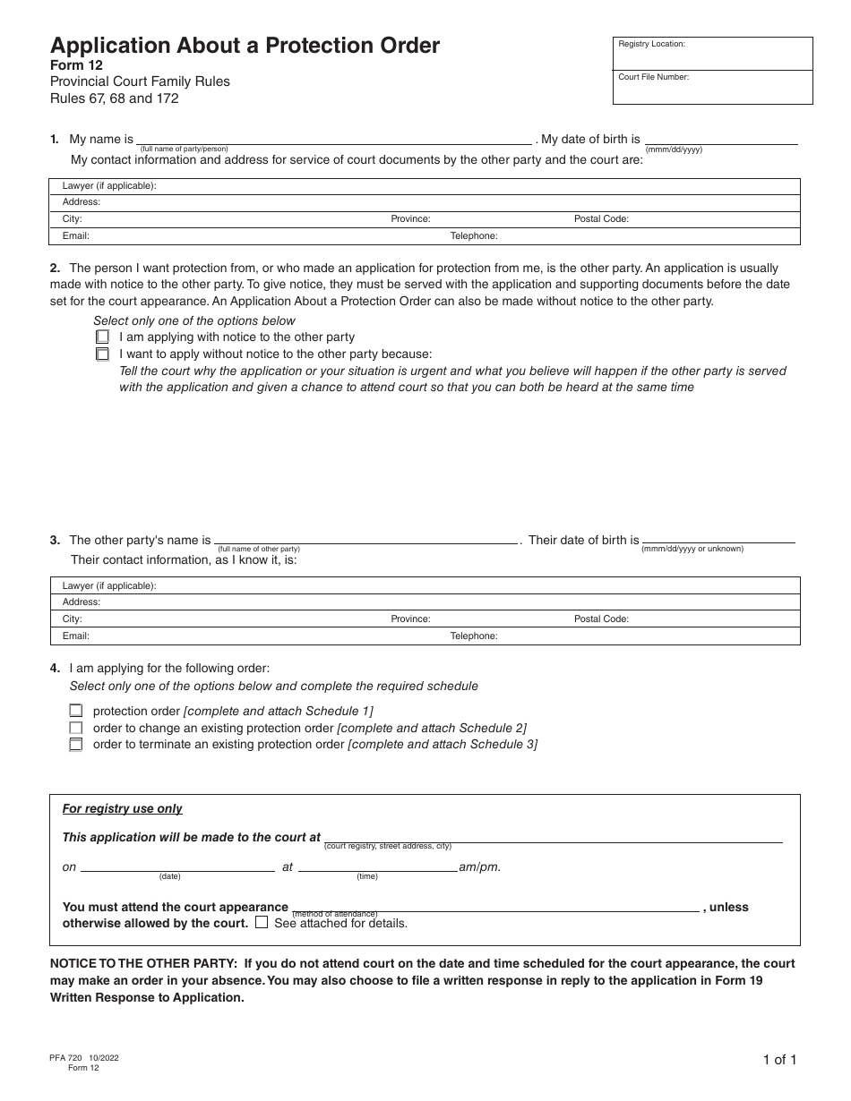 Form 12 (PFA720) Application About a Protection Order - British Columbia, Canada, Page 6