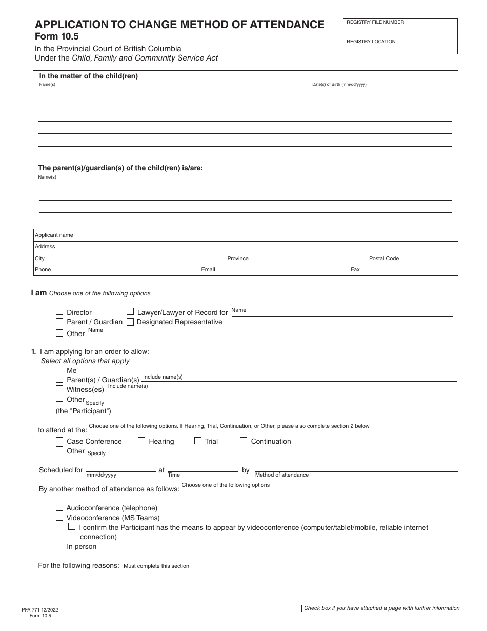 Form 10.5 (PFA771) Application to Change Method of Attendance - British Columbia, Canada, Page 1