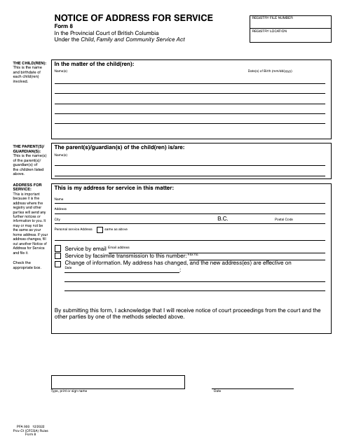 CFCSA Form 8 (PFA900) Notice of Address for Service - British Columbia, Canada