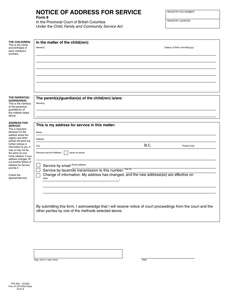 CFCSA Form 8 (PFA900) Notice of Address for Service - British Columbia, Canada, Page 1