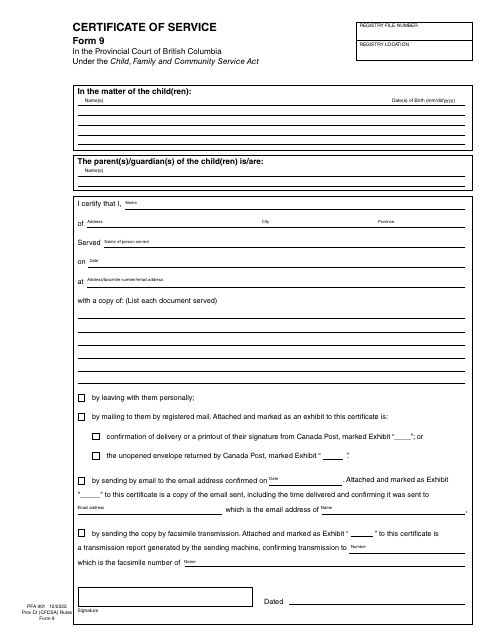 CFCSA Form 9 (PFA901) Certificate of Service - British Columbia, Canada