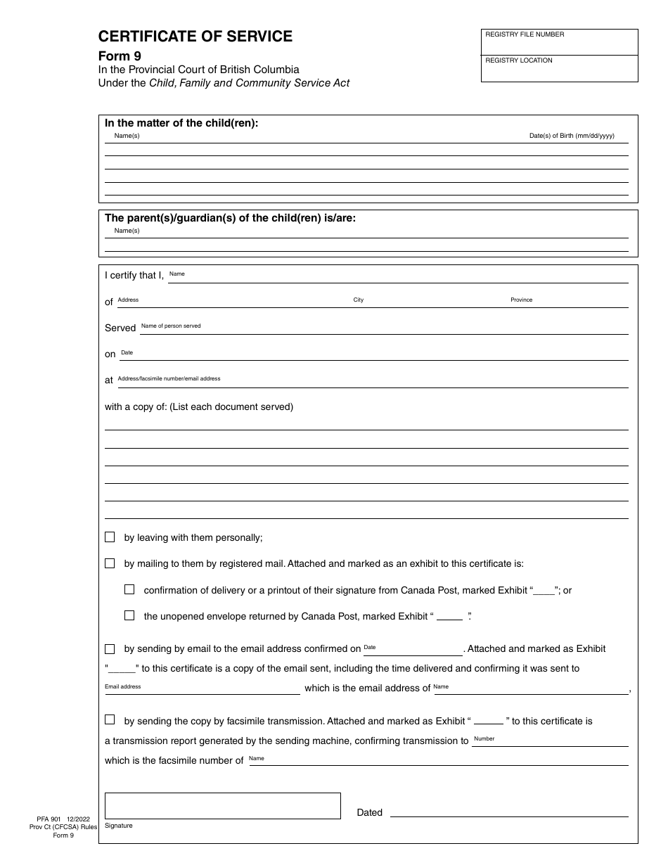 CFCSA Form 9 (PFA901) Certificate of Service - British Columbia, Canada, Page 1