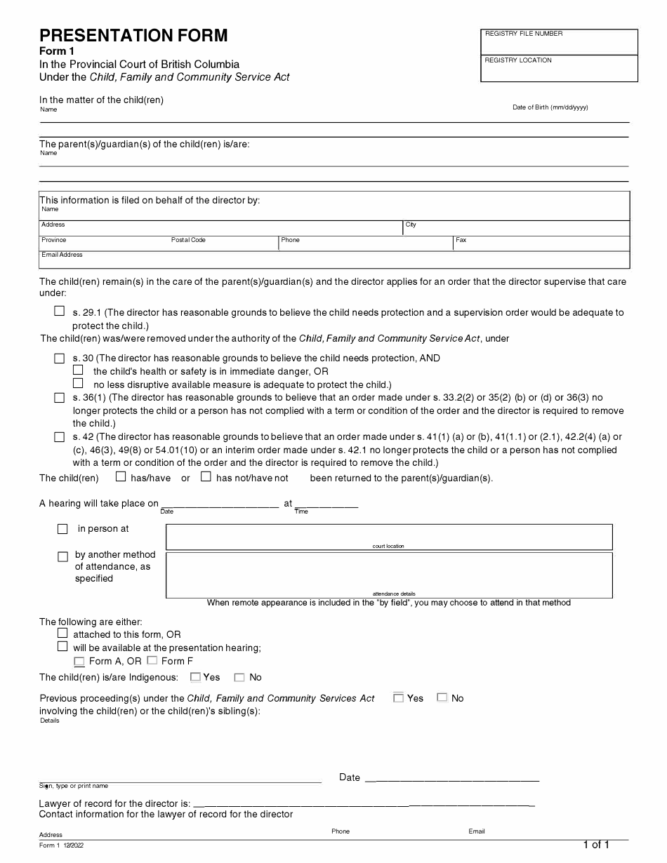 Form 1 Presentation Form - British Columbia, Canada, Page 1